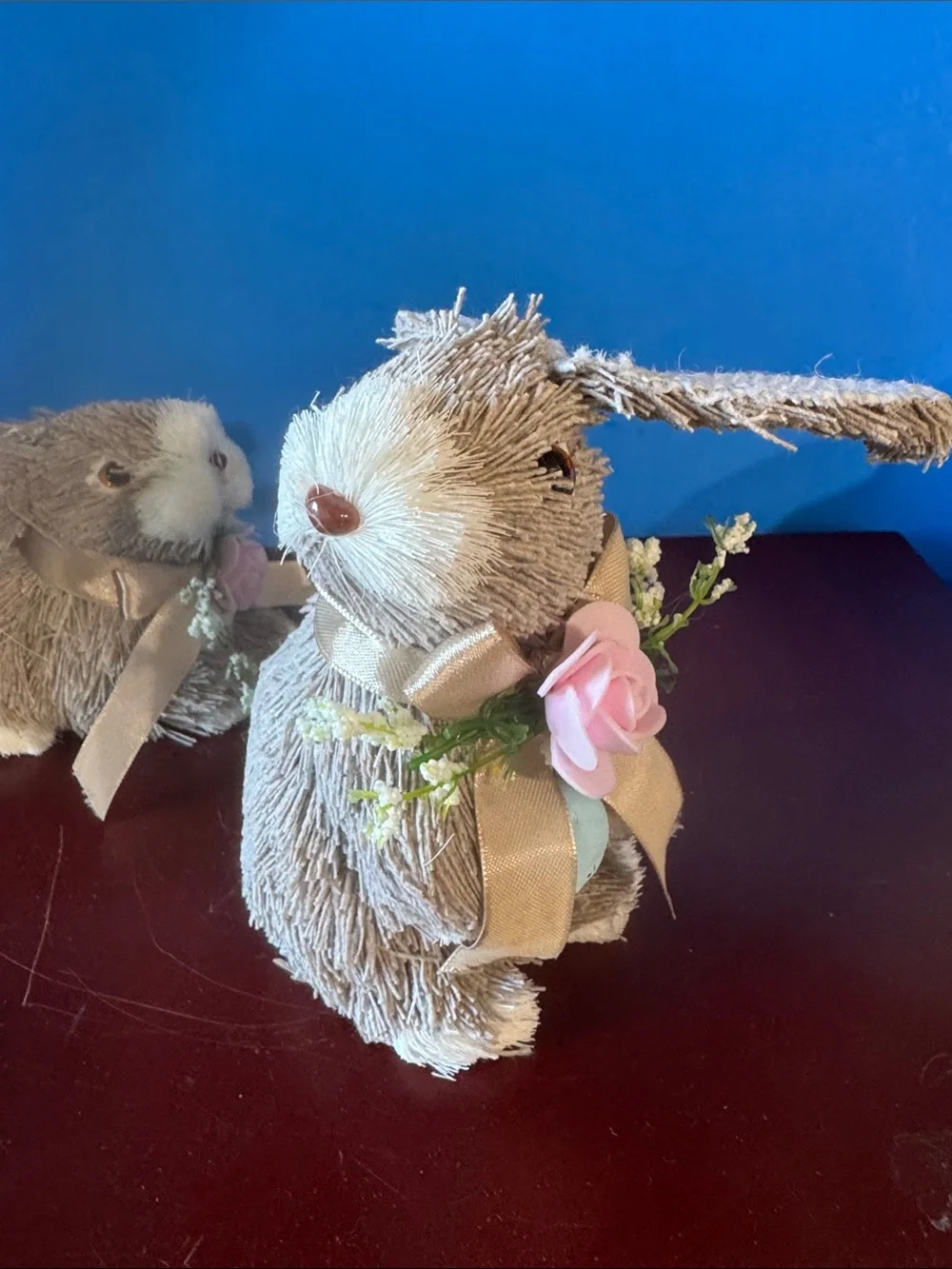 Pair of Easter Bunny Plush Figurines with Pink Rose Accents - Taupe